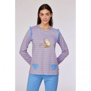 Damespyjama, lange mouwen 911 blauw-roze