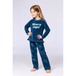 Meisjespyjama in velours 881 donkerblauw